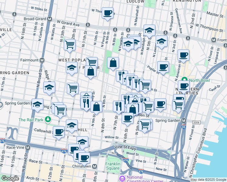 map of restaurants, bars, coffee shops, grocery stores, and more near 719 North Terrace in Philadelphia