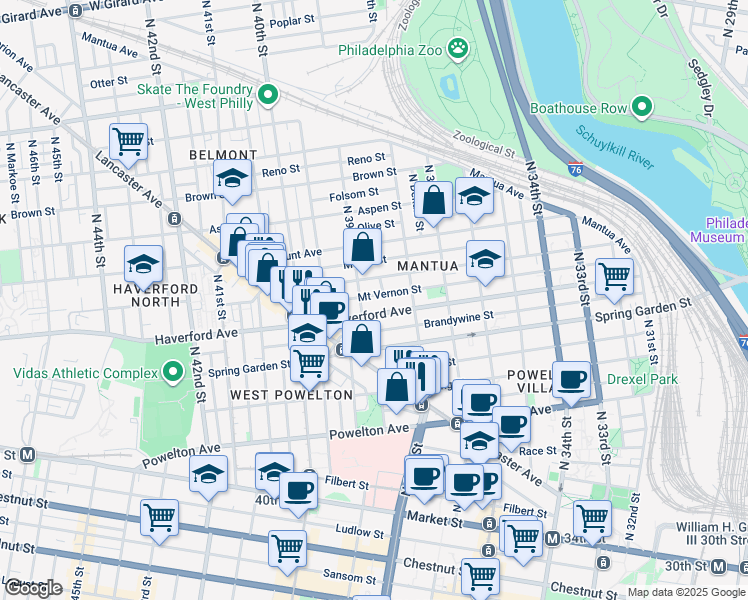 map of restaurants, bars, coffee shops, grocery stores, and more near 3862 Mount Vernon Street in Philadelphia