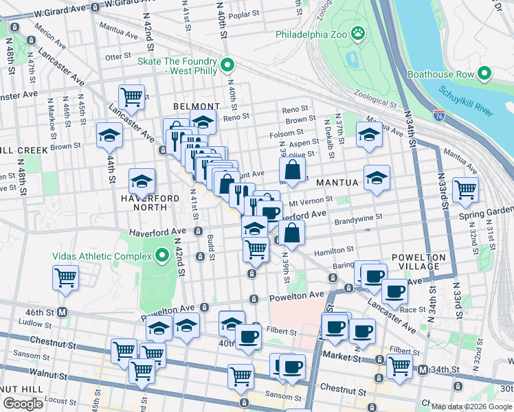 map of restaurants, bars, coffee shops, grocery stores, and more near in Philadelphia