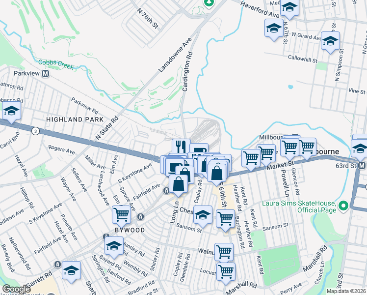 map of restaurants, bars, coffee shops, grocery stores, and more near 7027 West Chester Pike in Delaware County
