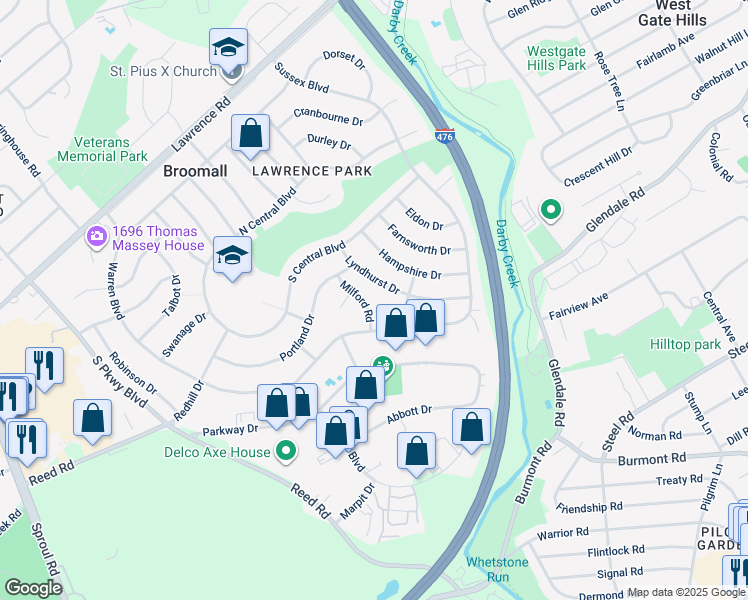 map of restaurants, bars, coffee shops, grocery stores, and more near 413 Milford Road in Broomall