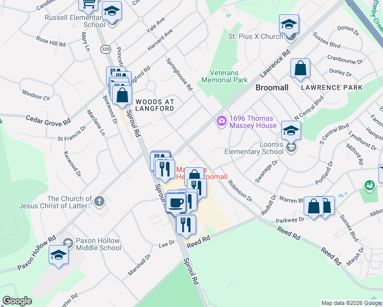 map of restaurants, bars, coffee shops, grocery stores, and more near 519 Donna Circle in Broomall