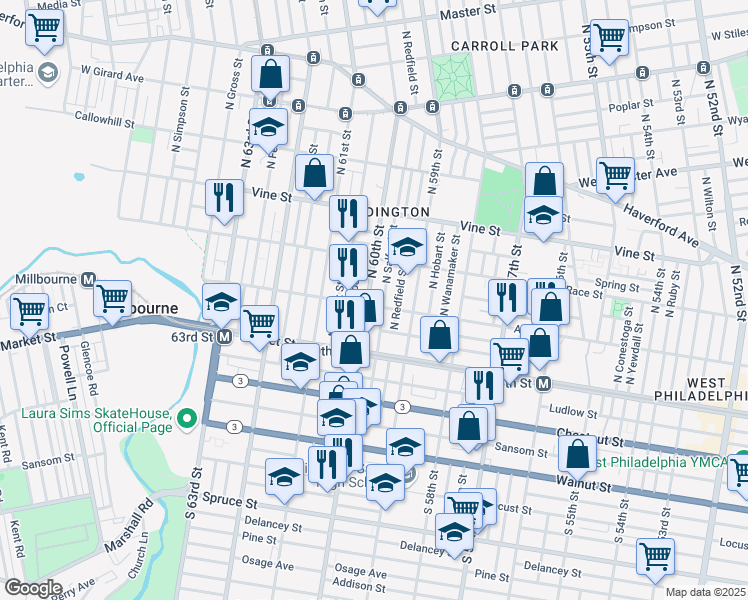 map of restaurants, bars, coffee shops, grocery stores, and more near 107 North 60th Street in Philadelphia