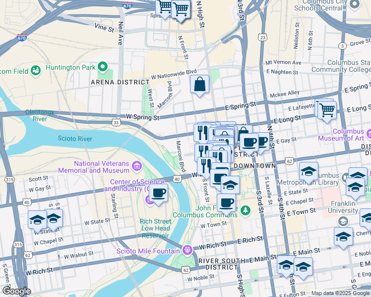 map of restaurants, bars, coffee shops, grocery stores, and more near 120 West Gay Street in Columbus