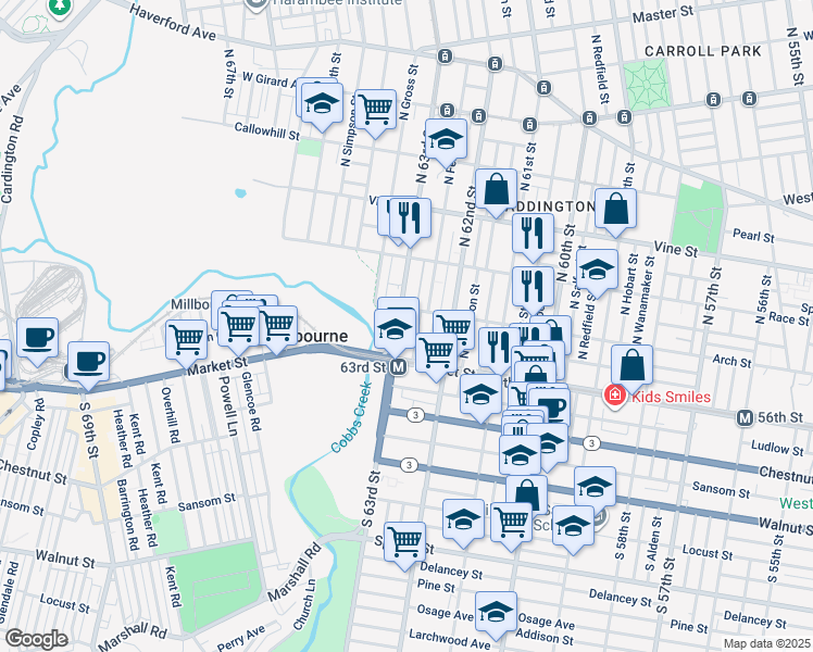 map of restaurants, bars, coffee shops, grocery stores, and more near 47 North 63rd Street in Philadelphia