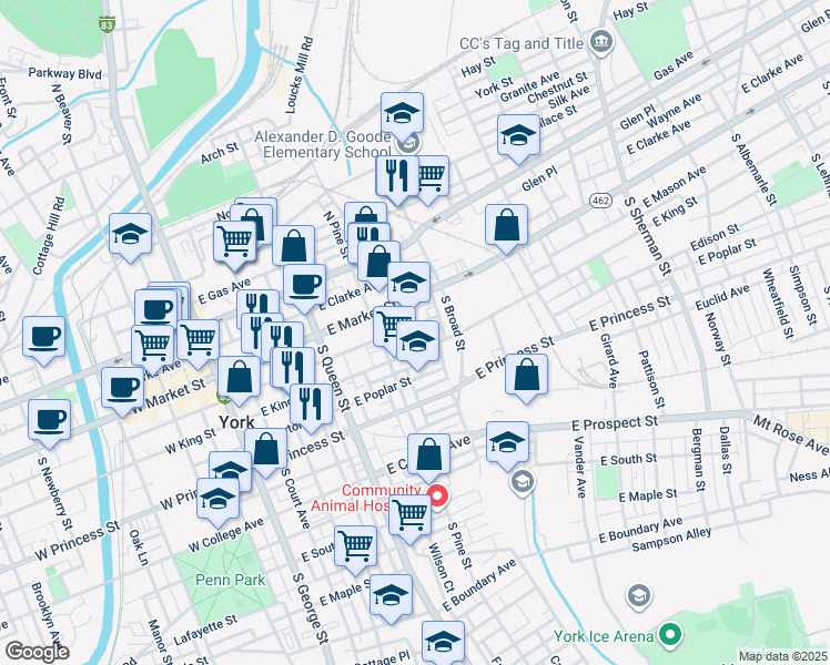 map of restaurants, bars, coffee shops, grocery stores, and more near 338 Reinecke Place in York