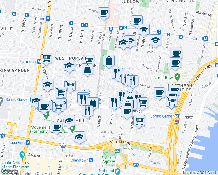 map of restaurants, bars, coffee shops, grocery stores, and more near 721 North Terrace in Philadelphia