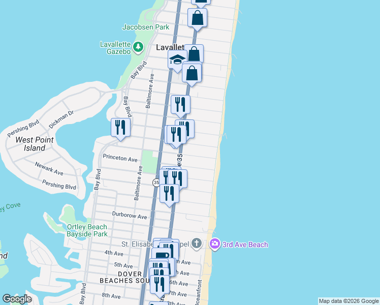 map of restaurants, bars, coffee shops, grocery stores, and more near 21 Jersey City Avenue in Lavallette