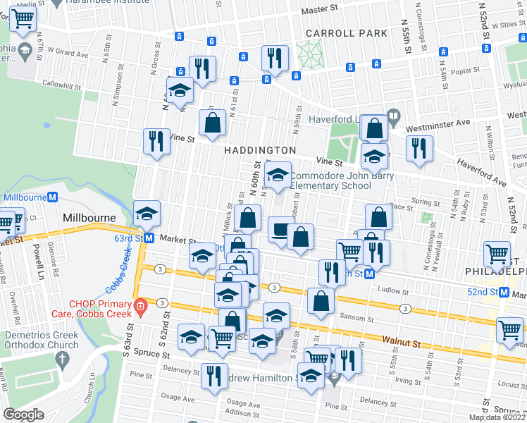 map of restaurants, bars, coffee shops, grocery stores, and more near 111 North Salford Street in Philadelphia