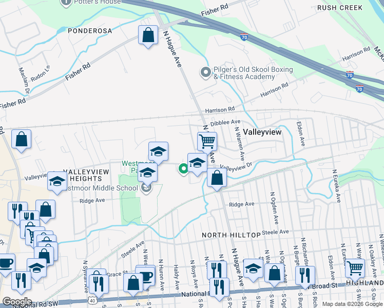 map of restaurants, bars, coffee shops, grocery stores, and more near 2860 Valleyview Drive in Columbus