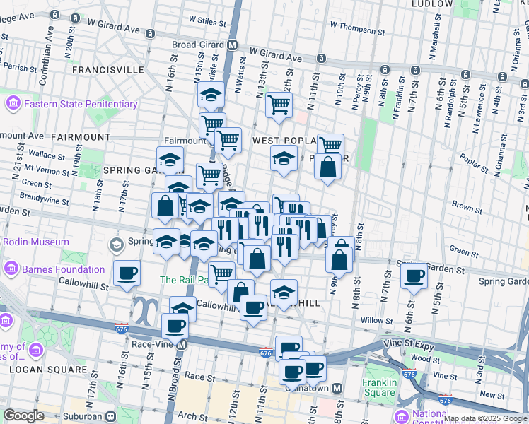 map of restaurants, bars, coffee shops, grocery stores, and more near 608 North 12th Street in Philadelphia