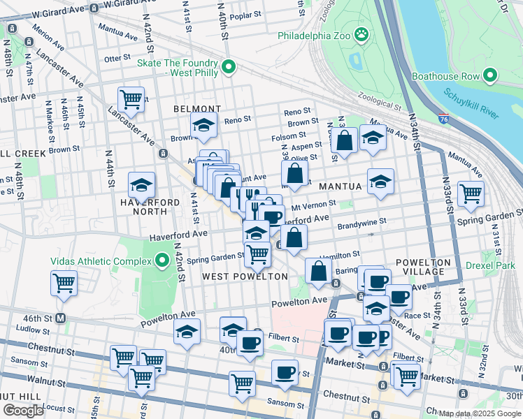 map of restaurants, bars, coffee shops, grocery stores, and more near 3949 Mount Vernon Street in Philadelphia