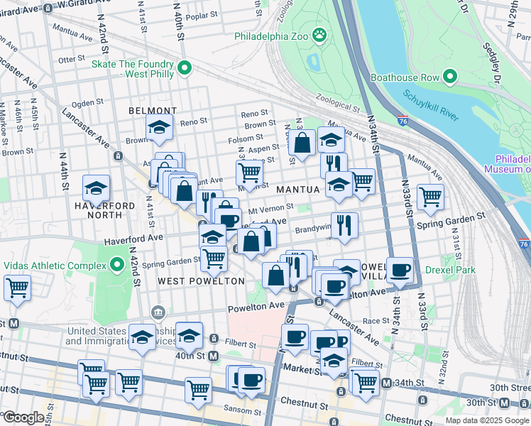 map of restaurants, bars, coffee shops, grocery stores, and more near 3848 Mount Vernon Street in Philadelphia