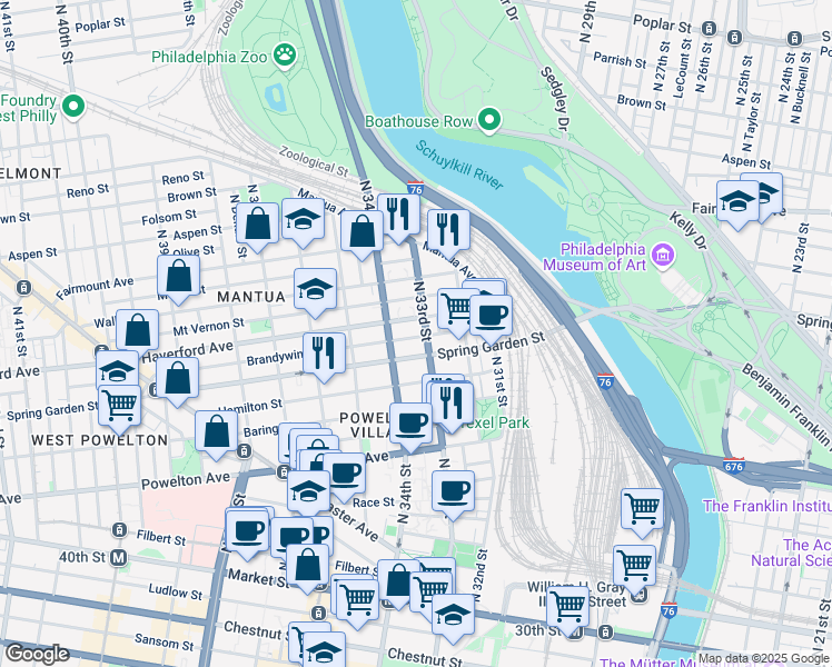 map of restaurants, bars, coffee shops, grocery stores, and more near 3311 Brandywine Street in Philadelphia