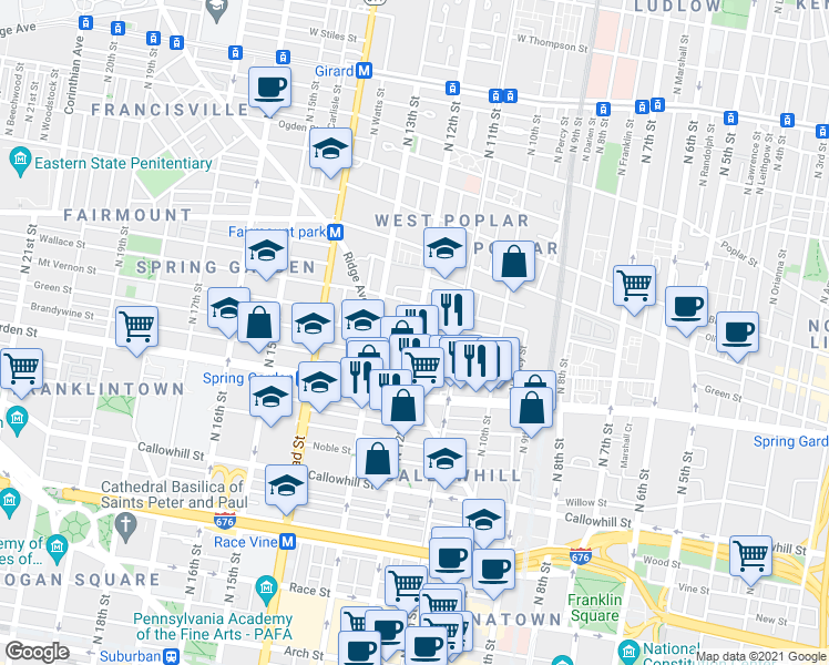 map of restaurants, bars, coffee shops, grocery stores, and more near 608 North 12th Street in Philadelphia