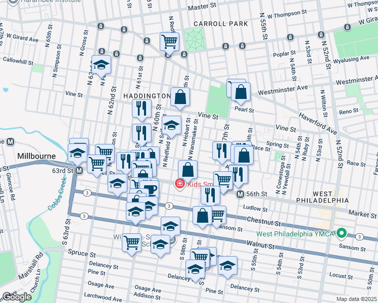 map of restaurants, bars, coffee shops, grocery stores, and more near 124 North Wanamaker Street in Philadelphia