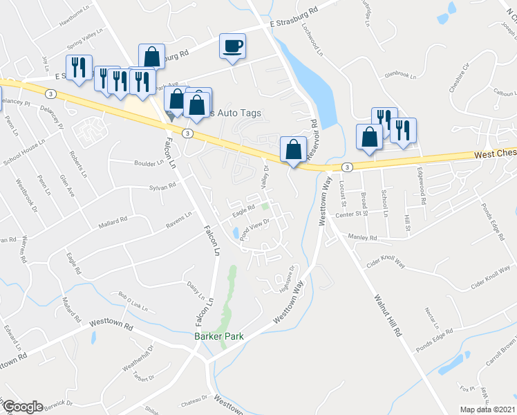 map of restaurants, bars, coffee shops, grocery stores, and more near 2814 Eagle Road in West Chester