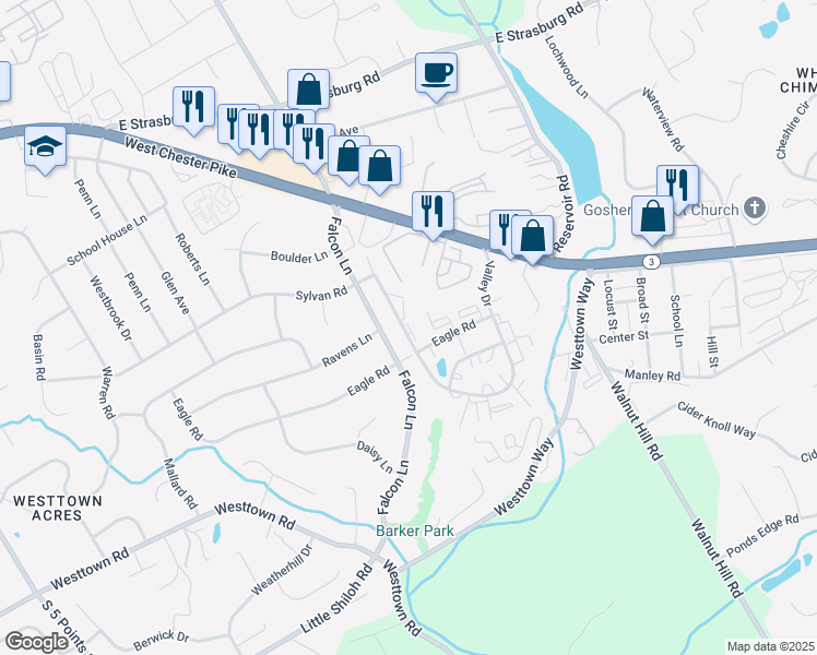 map of restaurants, bars, coffee shops, grocery stores, and more near 3118 Valley Drive in West Chester