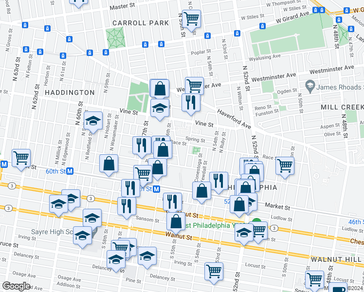 map of restaurants, bars, coffee shops, grocery stores, and more near 5516 Race St in Philadelphia