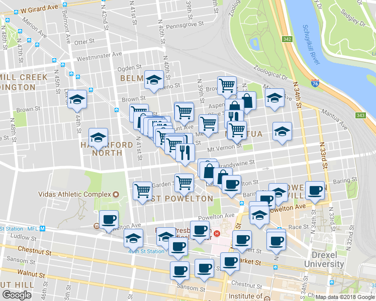 map of restaurants, bars, coffee shops, grocery stores, and more near 3945 Mount Vernon Street in Philadelphia
