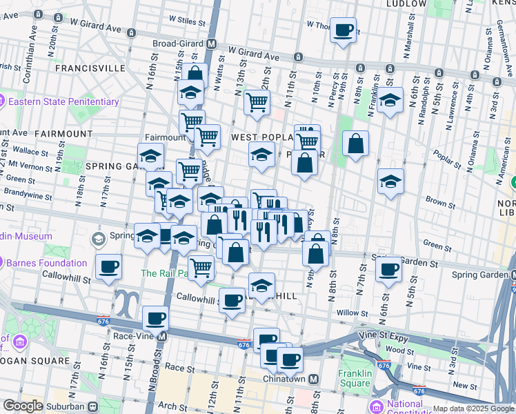 map of restaurants, bars, coffee shops, grocery stores, and more near 1117 Mount Vernon Street in Philadelphia
