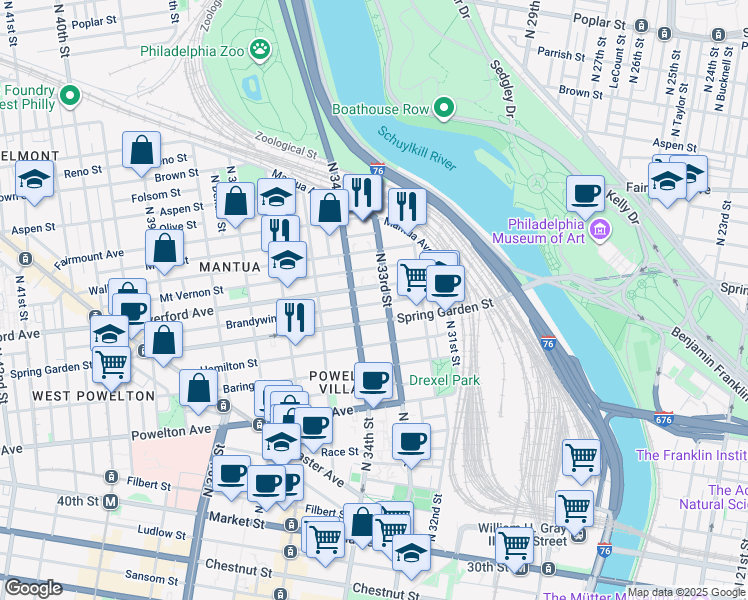 map of restaurants, bars, coffee shops, grocery stores, and more near 3317 Brandywine Street in Philadelphia