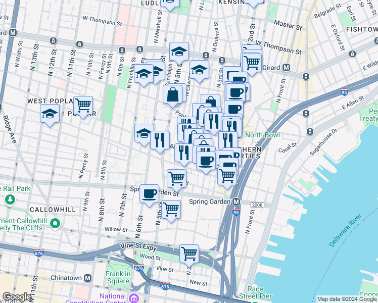 map of restaurants, bars, coffee shops, grocery stores, and more near North 4th Street & Brown Street in Philadelphia