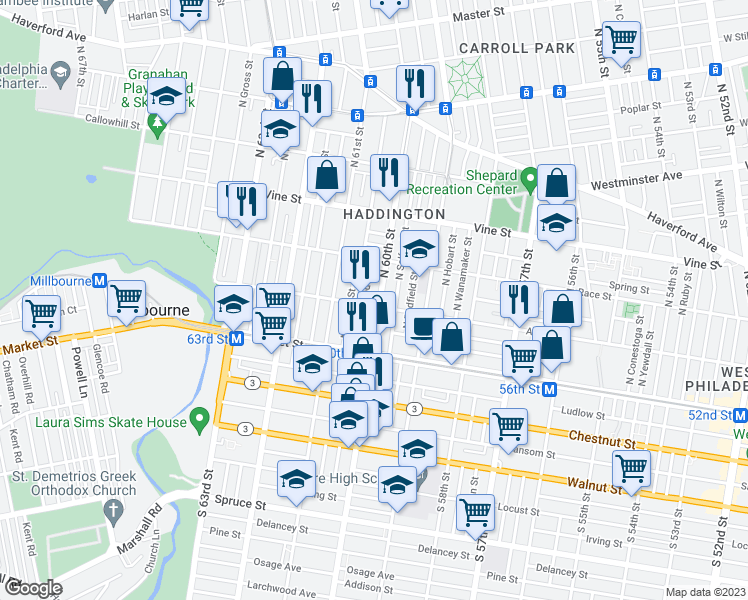 map of restaurants, bars, coffee shops, grocery stores, and more near 104 North 60th Street in Philadelphia