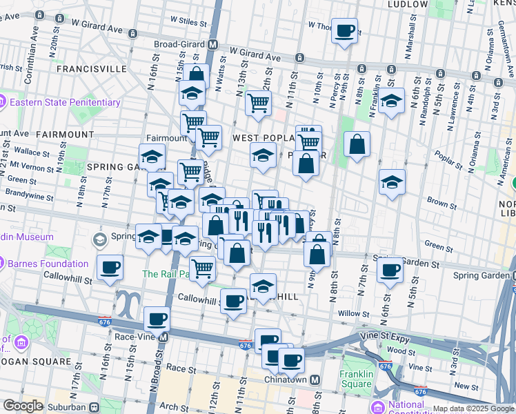 map of restaurants, bars, coffee shops, grocery stores, and more near 1119 Mount Vernon Street in Philadelphia