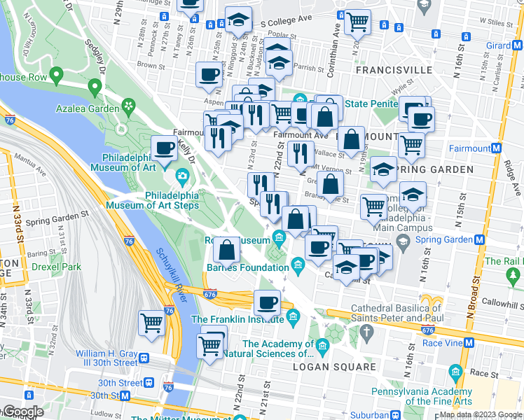 map of restaurants, bars, coffee shops, grocery stores, and more near 2201 Pennsylvania Avenue in Philadelphia