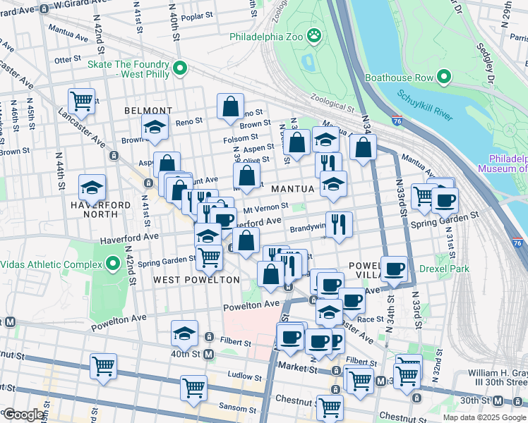 map of restaurants, bars, coffee shops, grocery stores, and more near 3840 Mount Vernon Street in Philadelphia