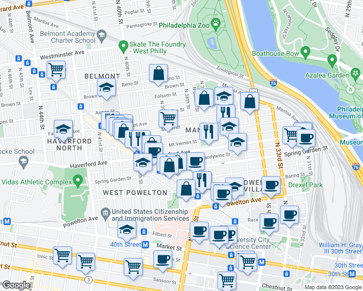 map of restaurants, bars, coffee shops, grocery stores, and more near 3840 Mount Vernon Street in Philadelphia