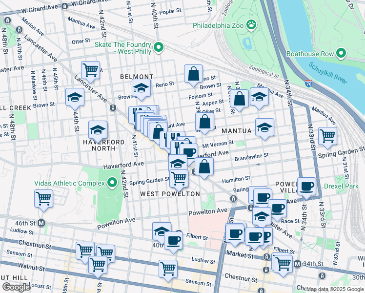map of restaurants, bars, coffee shops, grocery stores, and more near 3945 Mount Vernon Street in Philadelphia