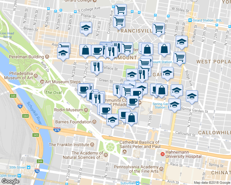 map of restaurants, bars, coffee shops, grocery stores, and more near 1915 Spring Garden Street in Philadelphia