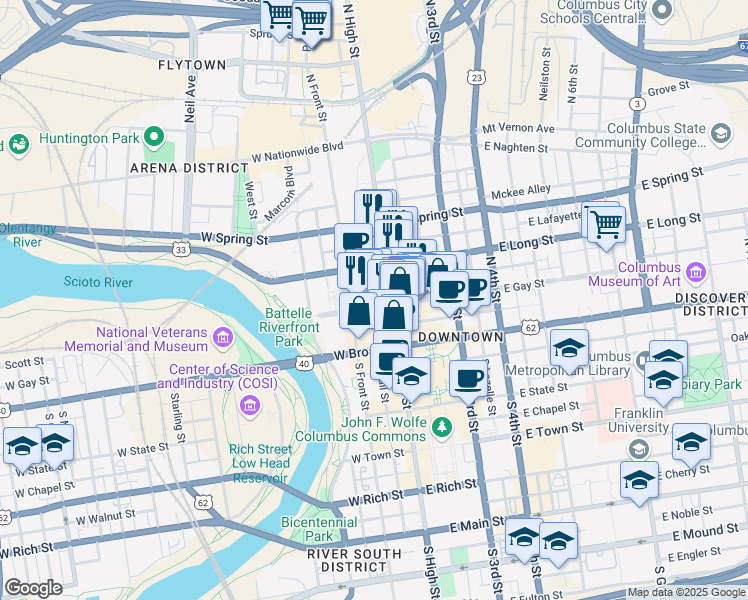 map of restaurants, bars, coffee shops, grocery stores, and more near 22 West Gay Street in Columbus