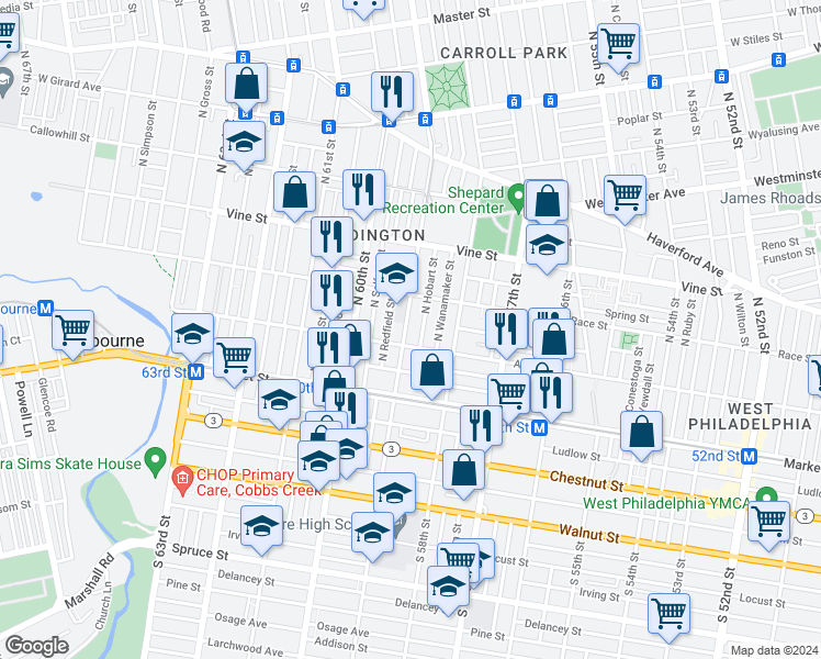 map of restaurants, bars, coffee shops, grocery stores, and more near 121 North 59th Street in Philadelphia