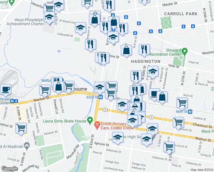 map of restaurants, bars, coffee shops, grocery stores, and more near 53 North Felton Street in Philadelphia