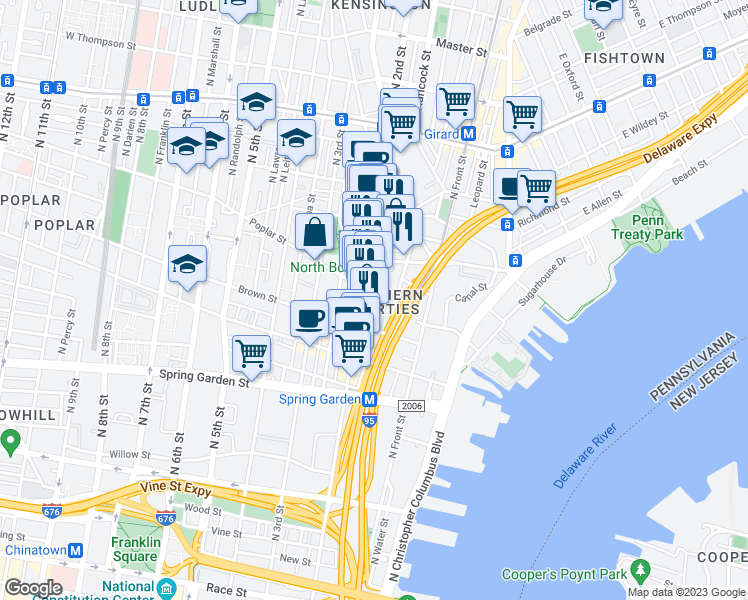 map of restaurants, bars, coffee shops, grocery stores, and more near 837 North 2nd Street in Philadelphia