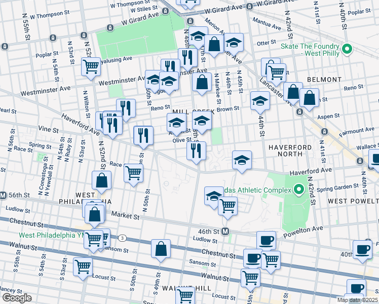 map of restaurants, bars, coffee shops, grocery stores, and more near 4804 Fairmount Avenue in Philadelphia