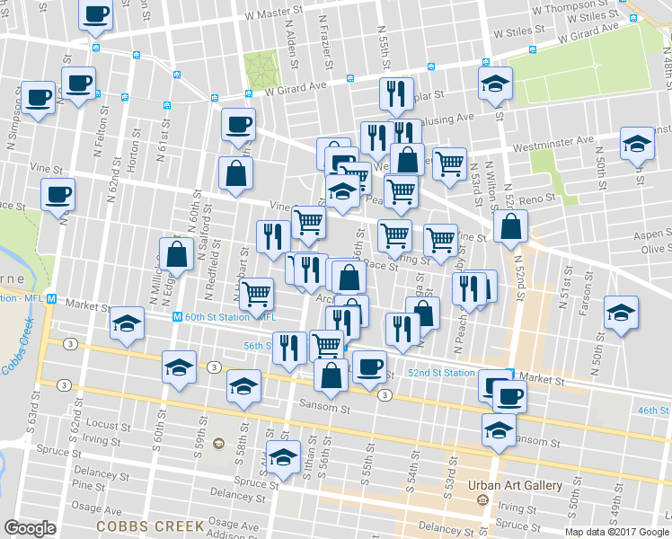 map of restaurants, bars, coffee shops, grocery stores, and more near 5651 Cherry Street in Philadelphia