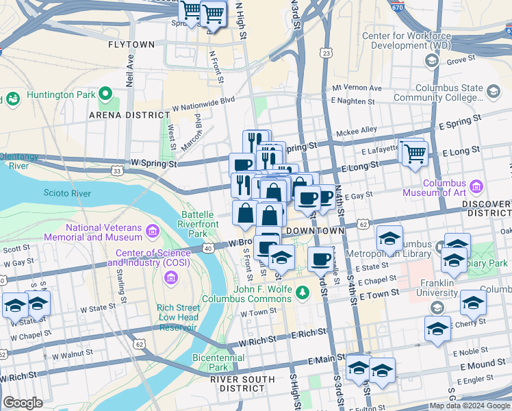 map of restaurants, bars, coffee shops, grocery stores, and more near 22 West Gay Street in Columbus