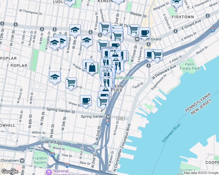 map of restaurants, bars, coffee shops, grocery stores, and more near 929 North Hancock Street in Philadelphia
