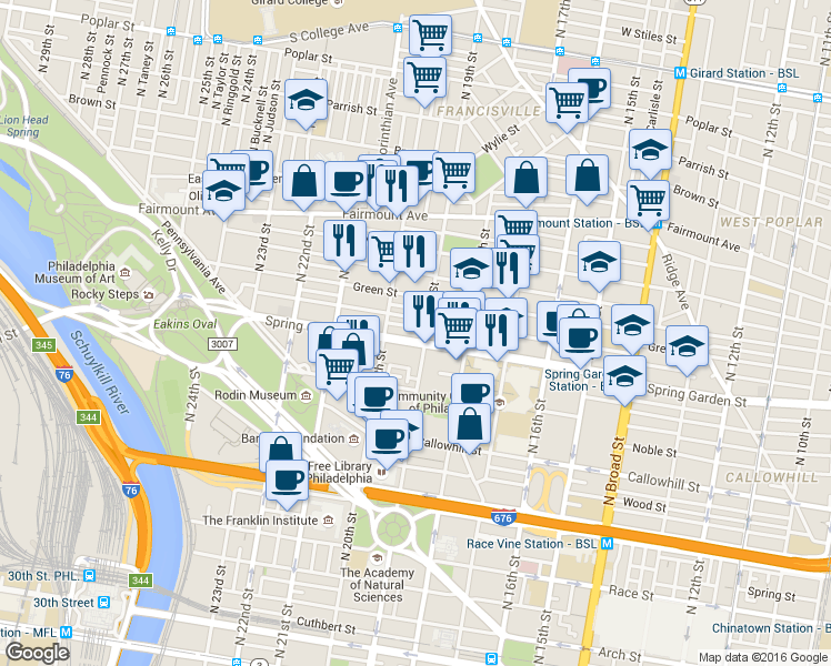 map of restaurants, bars, coffee shops, grocery stores, and more near 1905 Spring Garden Street in Philadelphia