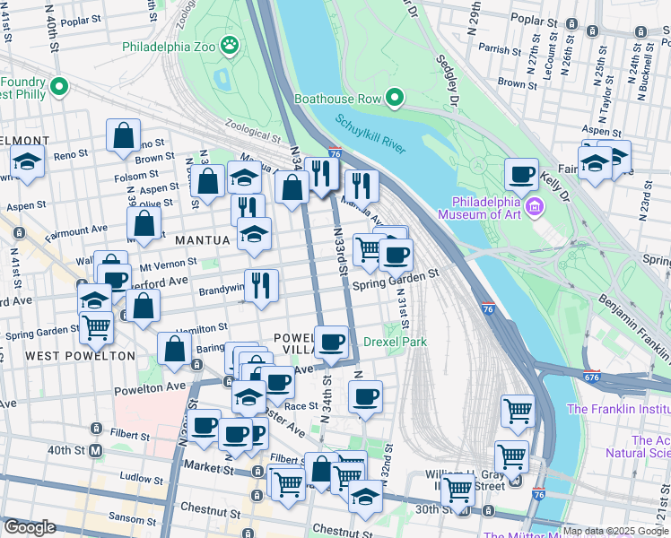 map of restaurants, bars, coffee shops, grocery stores, and more near 3311 Brandywine Street in Philadelphia