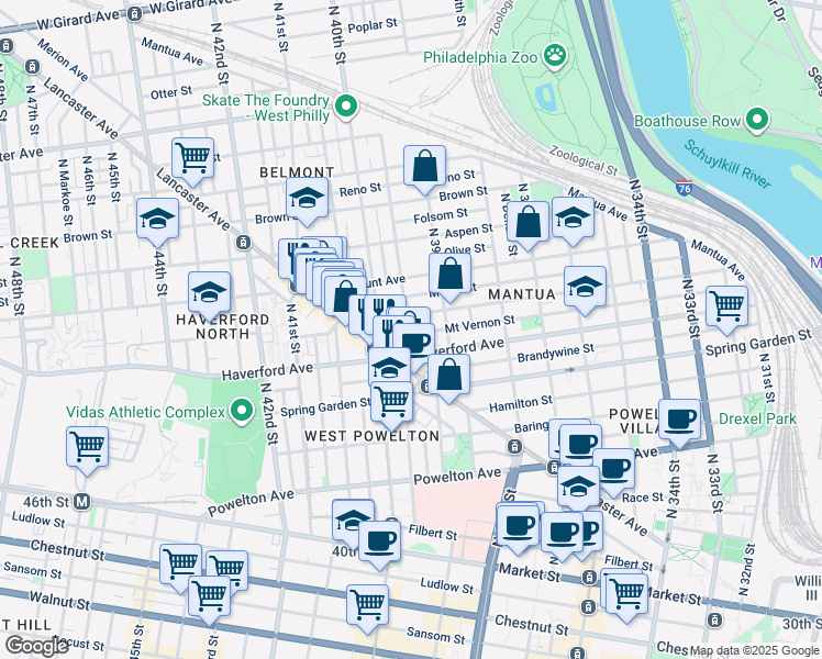 map of restaurants, bars, coffee shops, grocery stores, and more near 3943 Mount Vernon Street in Philadelphia
