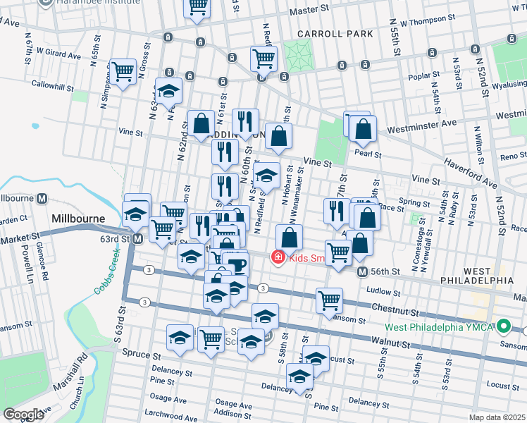 map of restaurants, bars, coffee shops, grocery stores, and more near 117 North Redfield Street in Philadelphia
