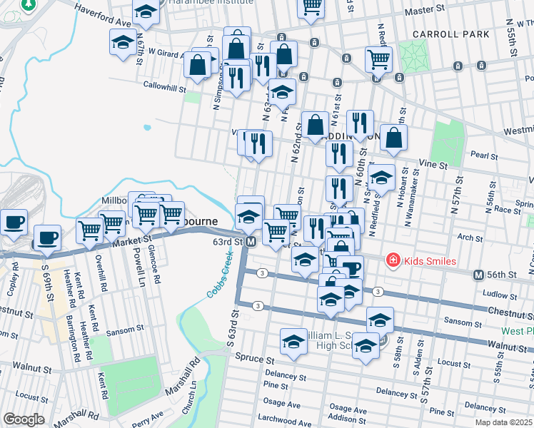 map of restaurants, bars, coffee shops, grocery stores, and more near 53 North Felton Street in Philadelphia