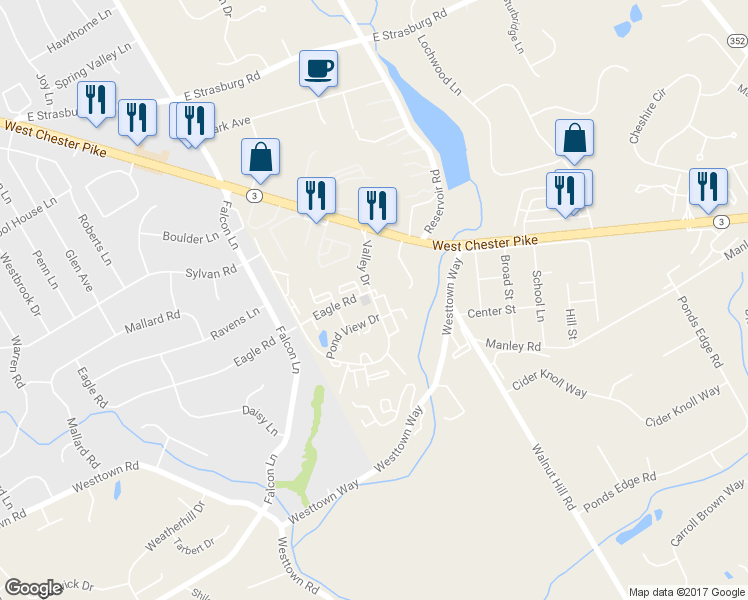 map of restaurants, bars, coffee shops, grocery stores, and more near 513 Valley Drive in West Chester