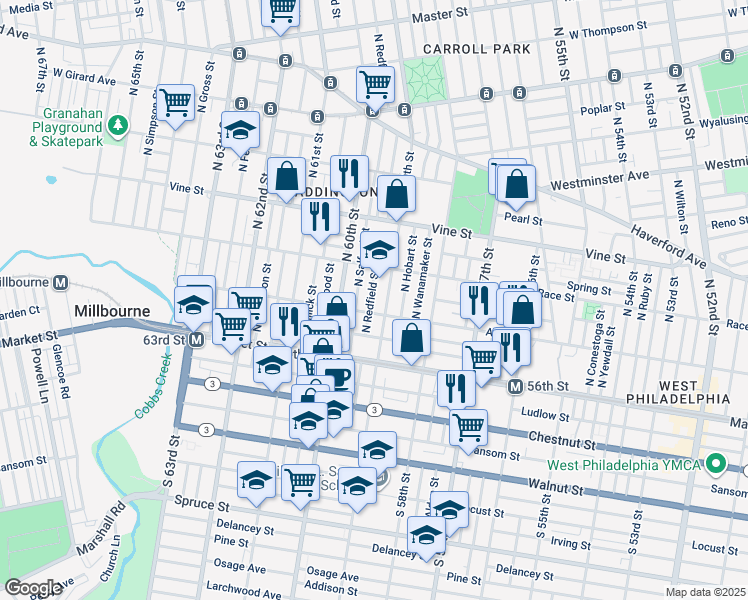 map of restaurants, bars, coffee shops, grocery stores, and more near 117 North Redfield Street in Philadelphia