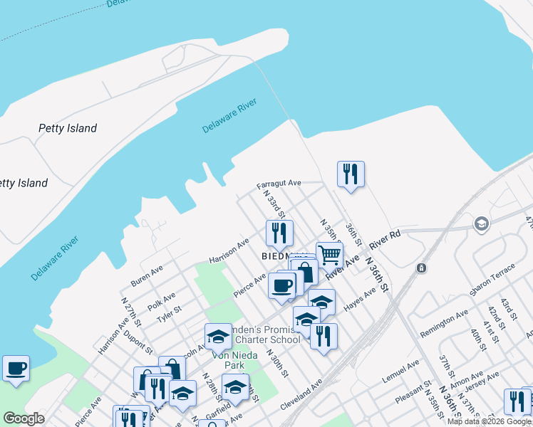 map of restaurants, bars, coffee shops, grocery stores, and more near 1237 North 33rd Street in Camden